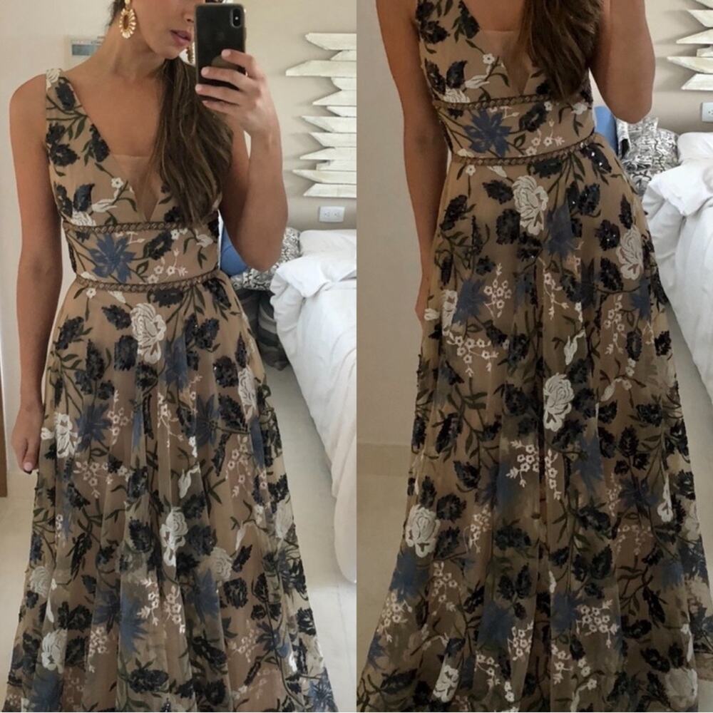 Bronx and Banco Tan Floral Maxi Dress with Black & White Embroidery - Picture 3 of 11